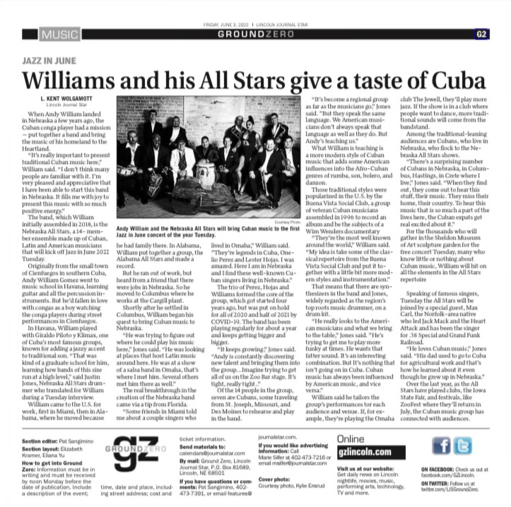 Andy William and the Nebraska All Stars will bring Cuban music to the first Jazz in June concert of the year.
